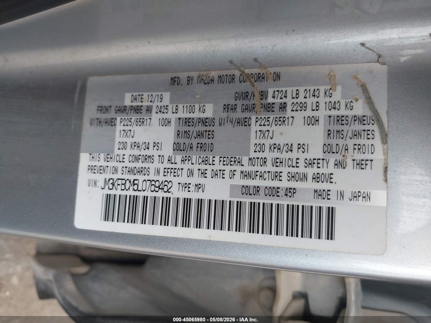 2020 Mazda Cx-5 VIN JM3KFBCM5L0769462 IAAI salvage auction — REAR END, Salvage (Kansas), sold $3,950 on 2026-09-04 (photo 9)