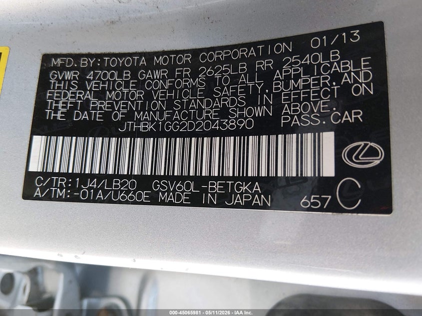 2013 Lexus ES VIN JTHBK1GG2D2043890 IAAI salvage auction — ROLLOVER, Salvage (Illinois), sold $1,000 on 2026-07-14 (photo 9)