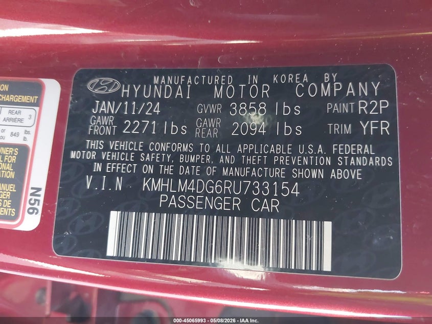 2024 Hyundai Elantra VIN KMHLM4DG6RU733154 IAAI salvage auction — RIGHT FRONT, Salvage (Arizona), sold $2,550 on 2026-07-28 (photo 9)