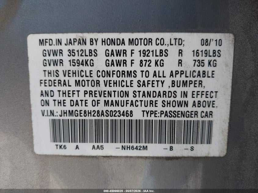 2010 Honda Fit VIN JHMGE8H28AS023468 IAAI salvage auction — NORMAL WEAR, Original (Maine), sold $1,100 on 2026-07-13 (photo 9)