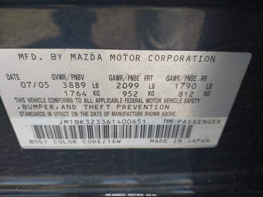 2006 Mazda 3 VIN JM1BK323361400651 IAAI salvage auction — UNKNOWN, Salvage (Pennsylvania), sold $225 on 2026-07-10 (photo 9)