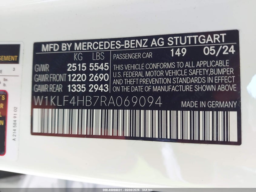 2024 Mercedes-benz E-klasse VIN W1KLF4HB7RA069094 IAAI salvage auction — FRONT END, Salvage (California), sold $33,400 on 2026-07-09 (photo 9)