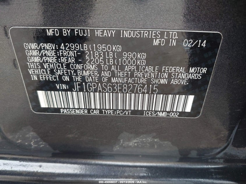 2014 Subaru Impreza VIN JF1GPAS63E8276415 IAAI salvage auction — LEFT SIDE, Salvage (Montana), sold $850 on 2026-07-15 (photo 9)