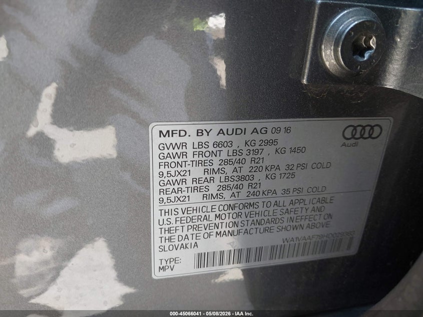 2017 Audi Q7 VIN WA1VAAF79HD029363 IAAI salvage auction — REAR END, Salvage (California), sold $5,300 on 2026-07-28 (photo 9)