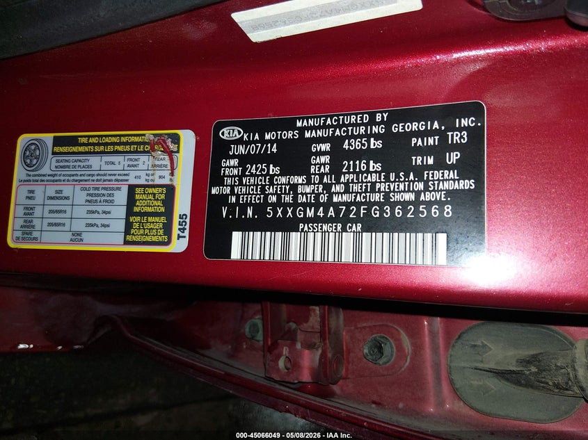 2015 Kia Optima VIN 5XXGM4A72FG362568 IAAI salvage auction — SIDE, Salvage (Idaho), sold $1,200 on 2026-07-17 (photo 9)
