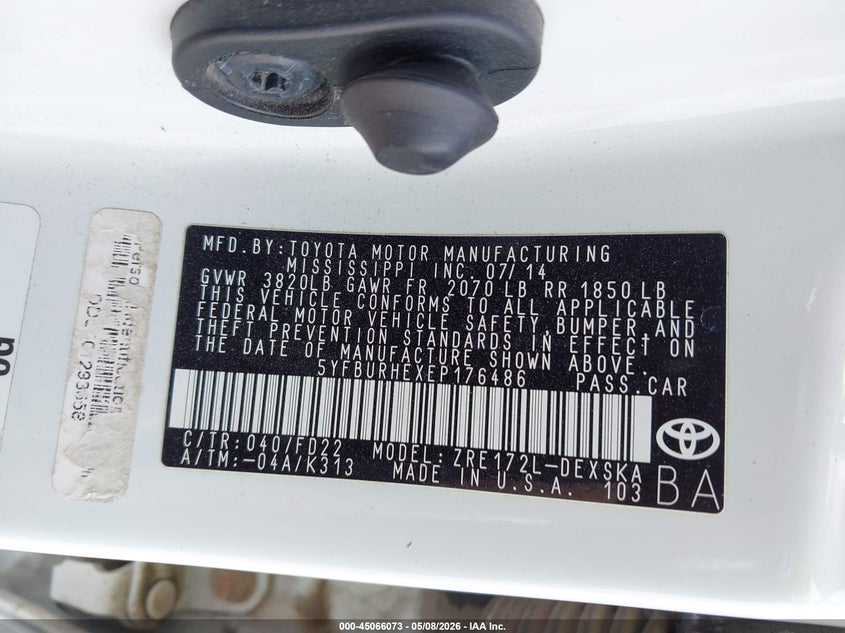 2014 Toyota Corolla VIN 5YFBURHEXEP176486 IAAI salvage auction — RIGHT REAR, Certificate Of Title (Nebraska), sold $1,950 on 2026-07-09 (photo 9)