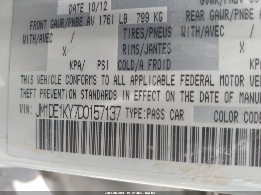 2013 Mazda 2 VIN JM1DE1KY7D0157137 IAAI salvage auction — FRONT END, Enterprise Vehicles Clear Only (Texas), sold $275 on 2026-07-20 (photo 9)