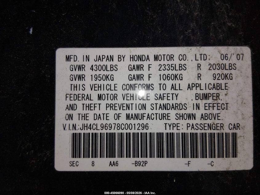 2008 Acura Tsx VIN JH4CL96978C001296 IAAI salvage auction — FRONT END, Salvage (Illinois), sold $275 on 2026-07-21 (photo 9)