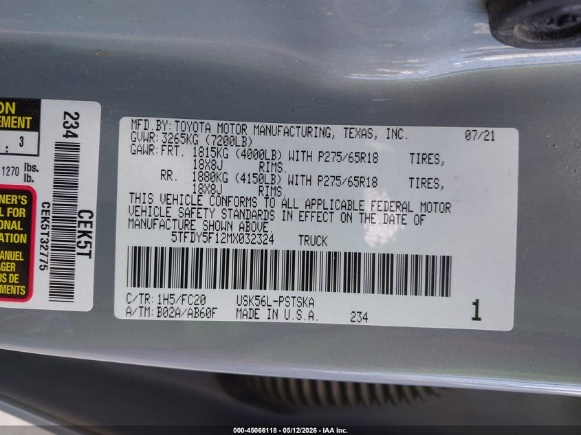 2021 Toyota Tundra VIN 5TFDY5F12MX032324 IAAI salvage auction — UNDERCARRIAGE, Salvage (Idaho), sold $17,200 on 2026-08-02 (photo 9)