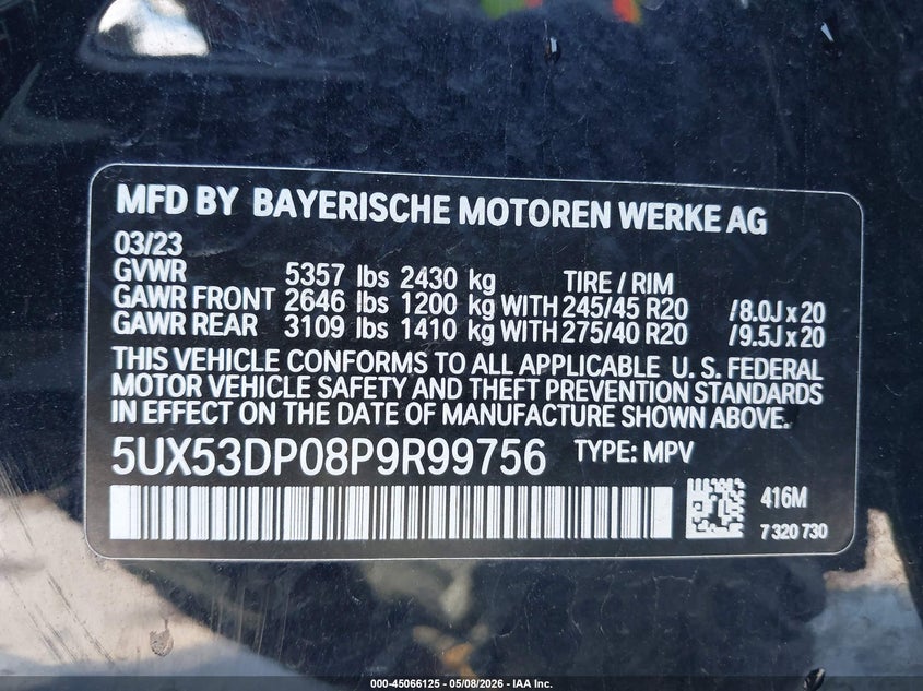 2023 BMW X3 VIN 5UX53DP08P9R99756 IAAI salvage auction — RIGHT FRONT, Salvage (Idaho), sold $14,225 on 2026-07-15 (photo 9)