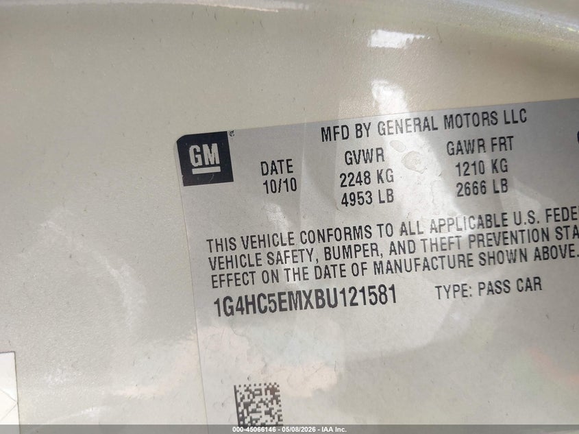 2011 Buick Lucerne VIN 1G4HC5EMXBU121581 IAAI salvage auction — RIGHT FRONT, Clear (Oklahoma), sold $800 on 2026-07-09 (photo 9)
