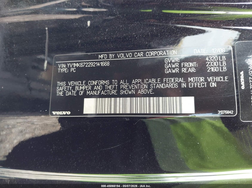 2009 Volvo C30 VIN YV1MK672292141668 IAAI salvage auction — FRONT END, Salvage (Texas), sold $175 on 2026-07-16 (photo 9)