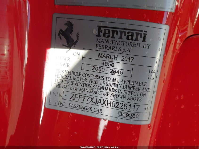 2017 Ferrari California VIN ZFF77XJAXH0226117 IAAI salvage auction — FRONT END, Salvage (Arizona), sold $51,750 on 2026-07-06 (photo 9)
