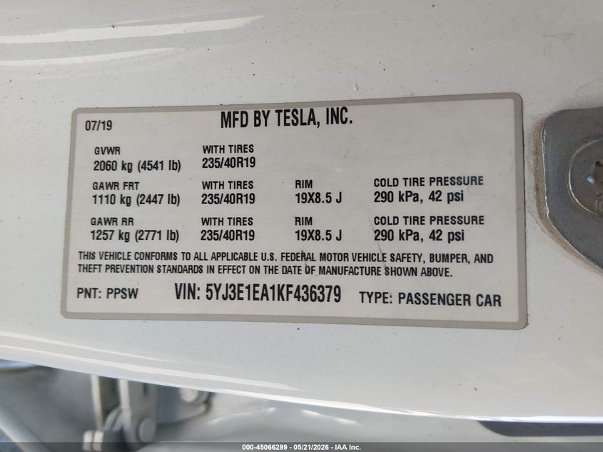 2019 Tesla Model 3 VIN 5YJ3E1EA1KF436379 IAAI salvage auction — RIGHT FRONT, Salvage (Arizona), sold $4,175 on 2026-07-16 (photo 9)