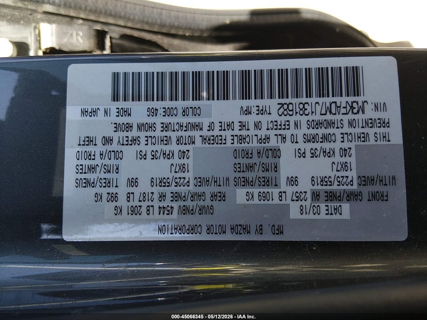 2018 Mazda Cx-5 VIN JM3KFADM7J1381682 IAAI salvage auction — REAR END, Salvage Title, sold $5,200 on 2026-07-31 (photo 9)