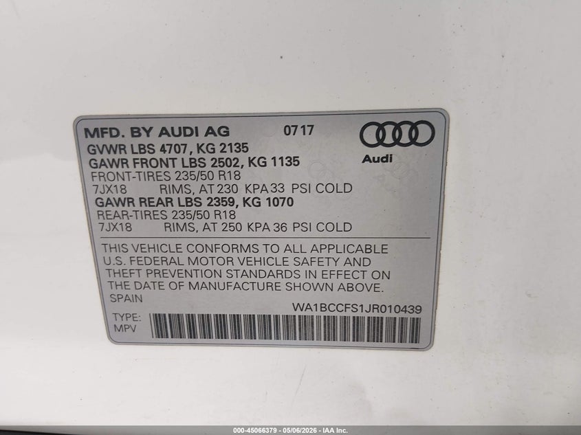 2018 Audi Q3 VIN WA1BCCFS1JR010439 IAAI salvage auction — LEFT SIDE, Clear (New Mexico), sold $2,500 on 2026-07-08 (photo 9)