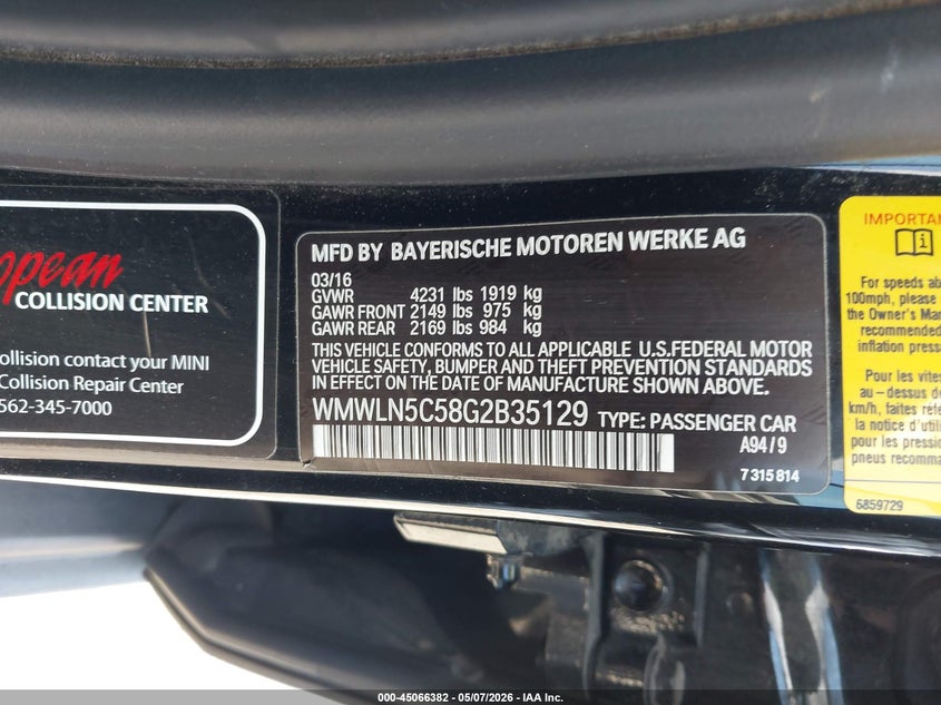2016 Mini Clubman VIN WMWLN5C58G2B35129 IAAI salvage auction — NORMAL WEAR, Duplicate Paperwork (California), sold $650 on 2026-07-30 (photo 9)