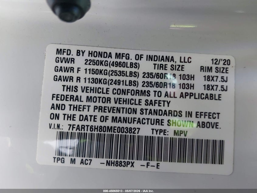 2021 Honda Cr-v VIN 7FART6H80ME003827 IAAI salvage auction — FRONT END, Scrap (Michigan), sold $3,475 on 2026-07-13 (photo 9)