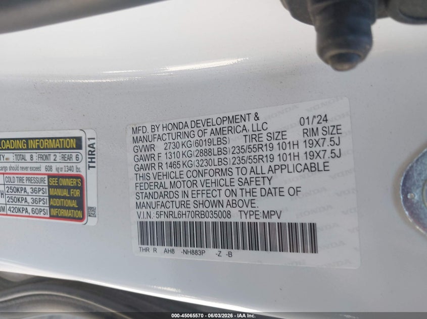 2024 Honda Odyssey VIN 5FNRL6H70RB035008 IAAI salvage auction — SIDE, Salvage (North Carolina), sold $8,750 on 2026-07-29 (photo 9)