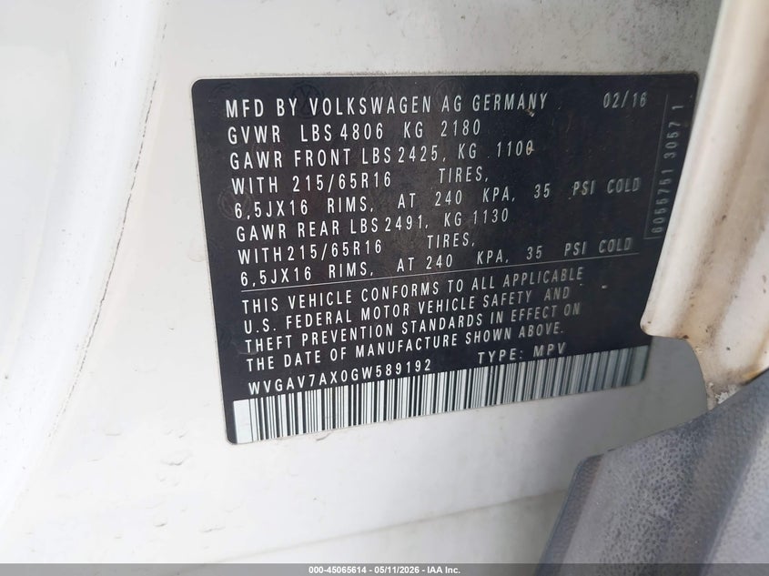 2016 Volkswagen Tiguan VIN WVGAV7AX0GW589192 IAAI salvage auction — BIO HAZARD, Rebuildable (Florida), sold $225 on 2026-07-21 (photo 9)