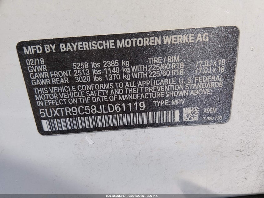 2018 BMW X3 VIN 5UXTR9C58JLD61119 IAAI salvage auction — FRONT END, Salvage (New Jersey), sold $2,150 on 2026-07-27 (photo 9)