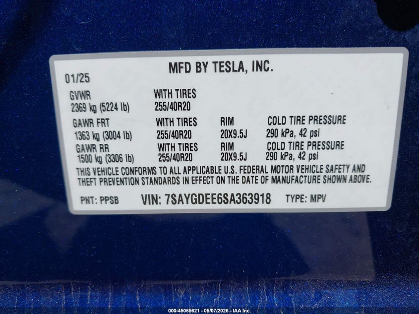 2025 Tesla Model y VIN 7SAYGDEE6SA363918 IAAI salvage auction — FRONT END, Rebuildable (Florida), sold $13,600 on 2026-07-30 (photo 9)