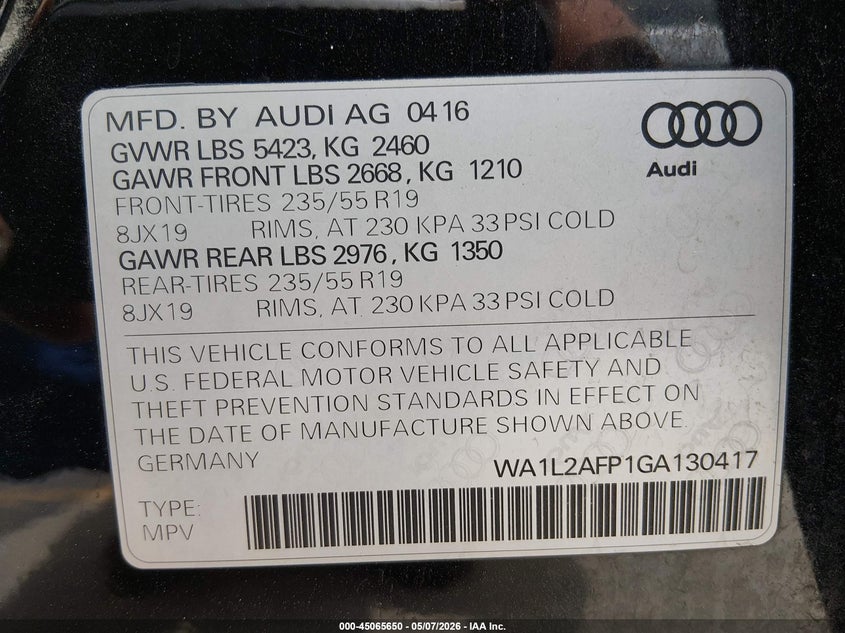 2016 Audi Q5 VIN WA1L2AFP1GA130417 IAAI salvage auction — SUSPENSION, Salvage (Texas), sold $5,200 on 2026-07-08 (photo 9)