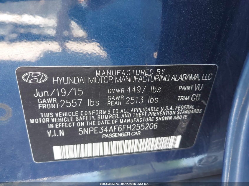 2015 Hyundai Sonata VIN 5NPE34AF6FH255206 IAAI salvage auction — RIGHT FRONT, Clear (Oklahoma), sold $2,600 on 2026-07-29 (photo 9)