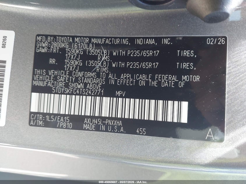 2026 Toyota Sienna VIN 5TDYSKFC4TS242771 IAAI salvage auction — FRONT END, Salvage (Rhode Island), sold $16,075 on 2026-07-14 (photo 9)