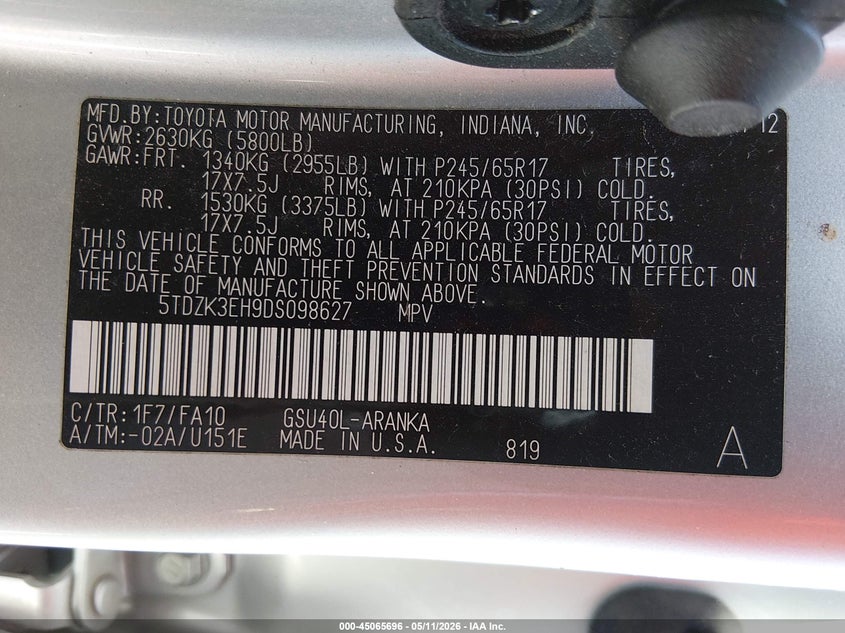 2013 Toyota Highlander VIN 5TDZK3EH9DS098627 IAAI salvage auction — FRONT END, Salvage (Illinois), sold $1,450 on 2026-07-21 (photo 9)