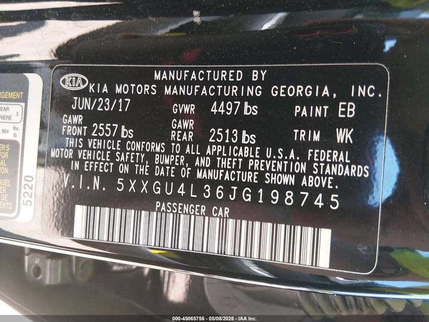 2018 Kia Optima VIN 5XXGU4L36JG198745 IAAI salvage auction — FRONT END, Salvage Title, sold $850 on 2026-07-15 (photo 9)