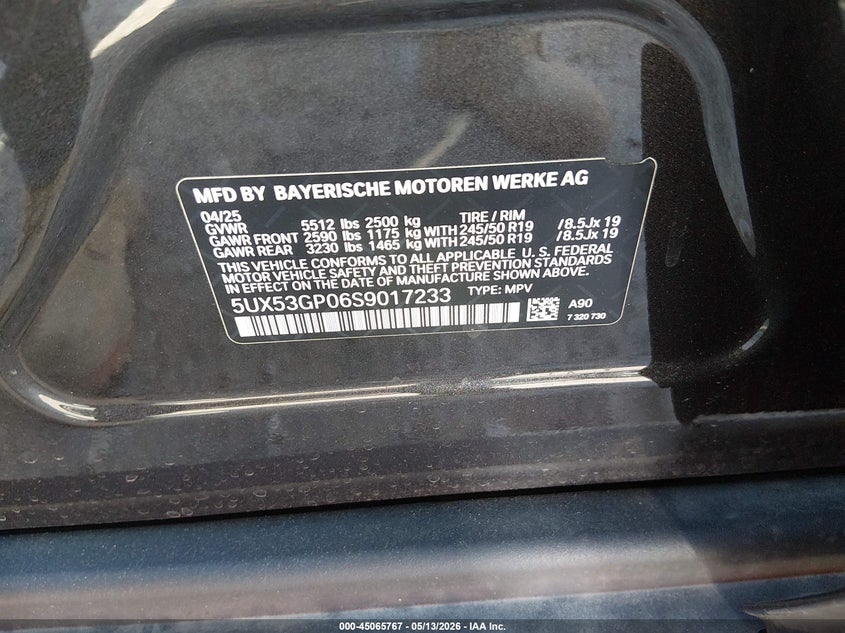 2025 BMW X3 VIN 5UX53GP06S9017233 IAAI salvage auction — FRONT END, Clear (Tennessee), sold $22,250 on 2026-07-23 (photo 9)
