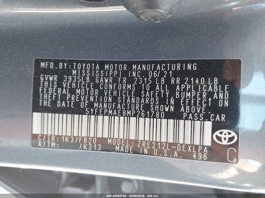 2021 Toyota Corolla VIN 5YFEPMAE8MP261780 IAAI salvage auction — FRONT END, Salvage (Indiana), sold $2,425 on 2026-07-09 (photo 9)