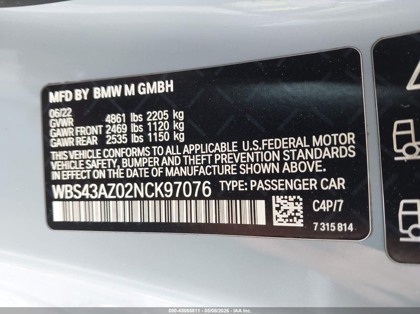 2022 BMW M4 VIN WBS43AZ02NCK97076 IAAI salvage auction — FRONT END, Mv-907A (New York), sold $38,575 on 2026-07-06 (photo 9)