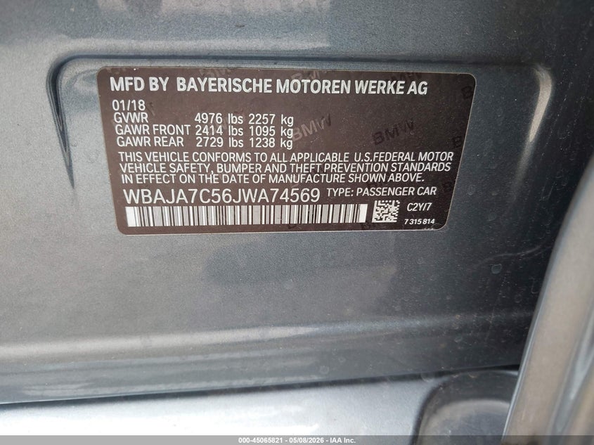 2018 BMW 5er VIN WBAJA7C56JWA74569 IAAI salvage auction — FRONT END, Original (Texas), sold $10,125 on 2026-07-08 (photo 9)