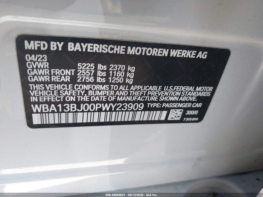 2023 BMW 5er VIN WBA13BJ00PWY23909 IAAI salvage auction — REAR END, Mv-907A (New York), sold $7,100 on 2026-07-28 (photo 9)