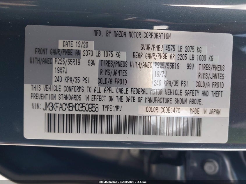 2021 Mazda Cx-5 VIN JM3KFACM5M0350958 IAAI salvage auction — REAR END, Rebuildable (Florida), sold $7,325 on 2026-07-08 (photo 9)