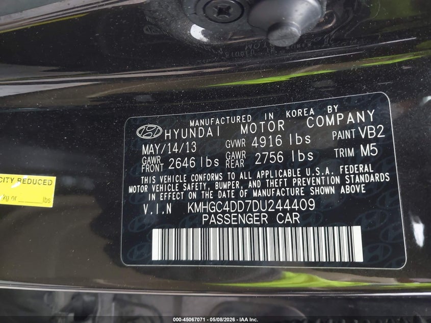 2013 Hyundai Genesis VIN KMHGC4DD7DU244409 IAAI salvage auction — FRONT END, Salvage (Texas), sold $550 on 2026-07-29 (photo 9)