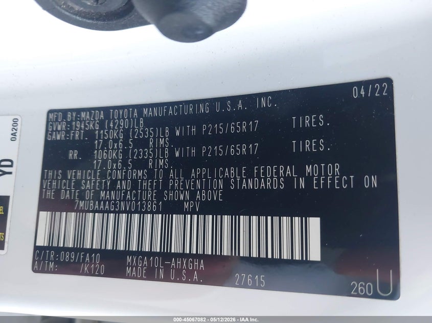 2022 Toyota Corolla cross VIN 7MUBAAAG3NV013861 IAAI salvage auction — FRONT END, Salvage (California), sold $7,800 on 2026-07-21 (photo 9)