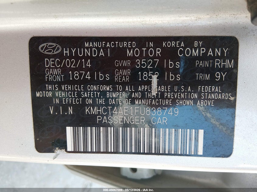 2015 Hyundai Accent VIN KMHCT4AE1FU838749 IAAI salvage auction — FRONT & REAR, Clear (Mississippi), sold $1,500 on 2026-07-22 (photo 9)