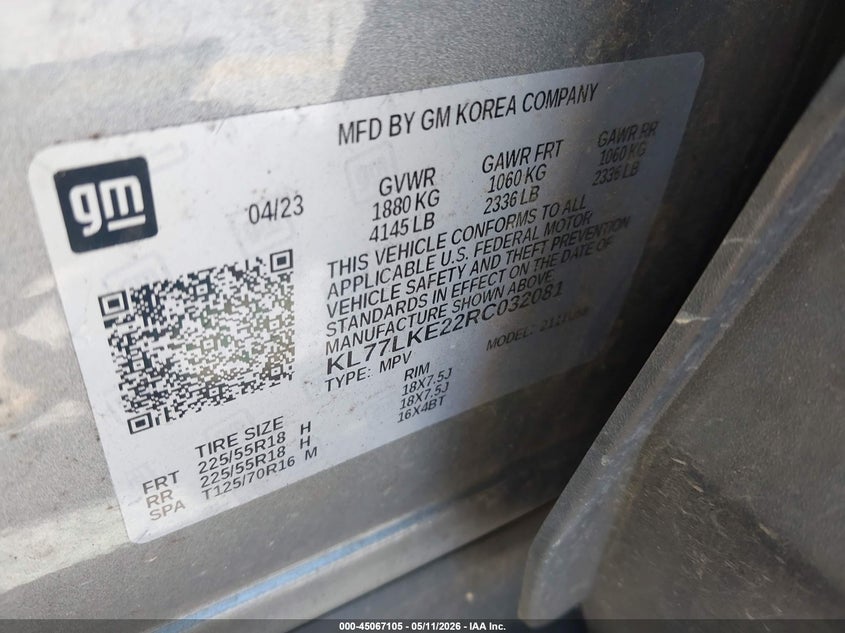2024 Chevrolet Trax VIN KL77LKE22RC032081 IAAI salvage auction — FRONT END, Original (Texas), sold $4,500 on 2026-07-16 (photo 9)