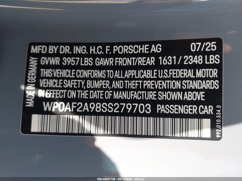 2025 Porsche 911 VIN WP0AF2A98SS279703 IAAI salvage auction — ROLLOVER, Salvage (California), sold $61,500 on 2026-07-21 (photo 9)
