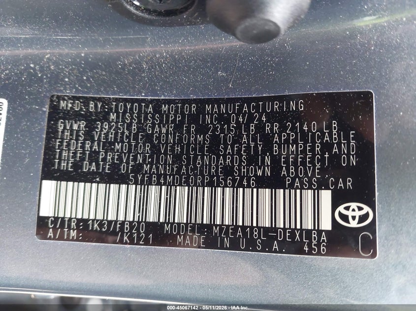 2024 Toyota Corolla VIN 5YFB4MDE0RP156746 IAAI salvage auction — REAR END, Salvage (North Carolina), sold $6,100 on 2026-07-13 (photo 9)