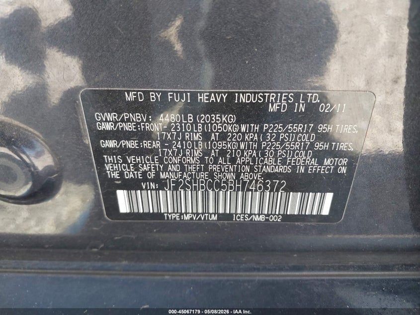 2011 Subaru Forester VIN JF2SHBCC5BH746372 IAAI salvage auction — HAIL, Clear (Missouri), sold $325 on 2026-07-20 (photo 9)