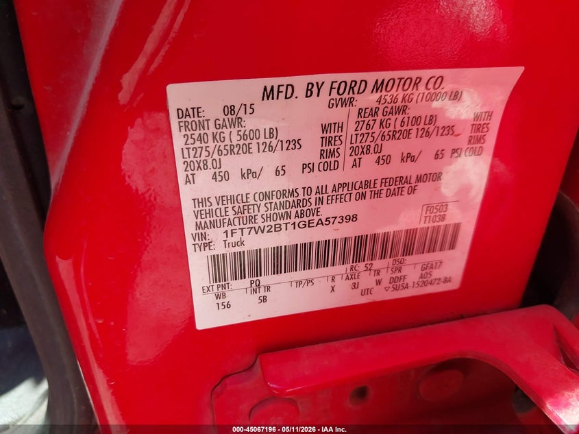 2016 Ford VIN 1FT7W2BT1GEA57398 IAAI salvage auction — FRONT END, Salvage Title, sold $12,800 on 2026-08-01 (photo 9)