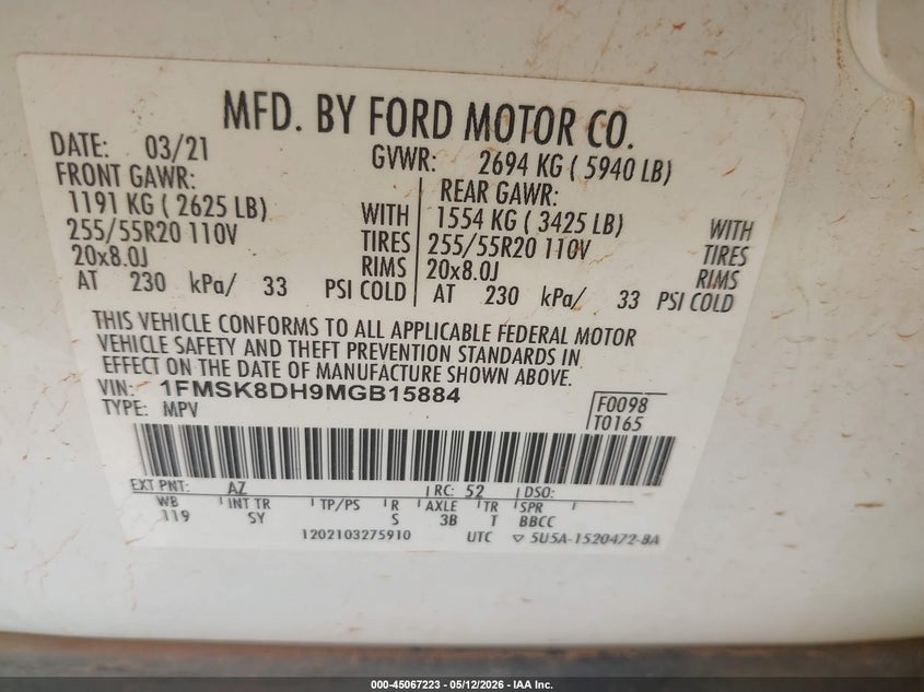 2021 Ford Explorer VIN 1FMSK8DH9MGB15884 IAAI salvage auction — HAIL, Clear (Oklahoma), sold $11,400 on 2026-07-29 (photo 9)