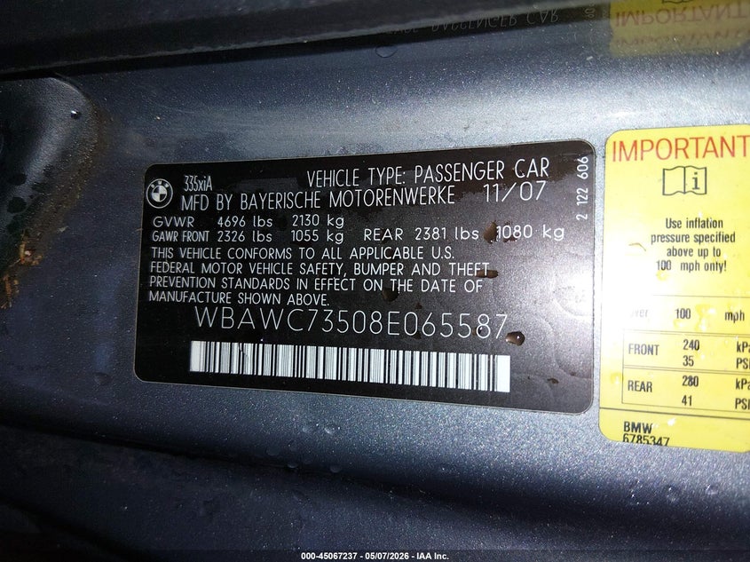 2008 BMW 3 series VIN WBAWC73508E065587 IAAI salvage auction — NORMAL WEAR, Salvage (Texas), sold $1,400 on 2026-07-13 (photo 9)