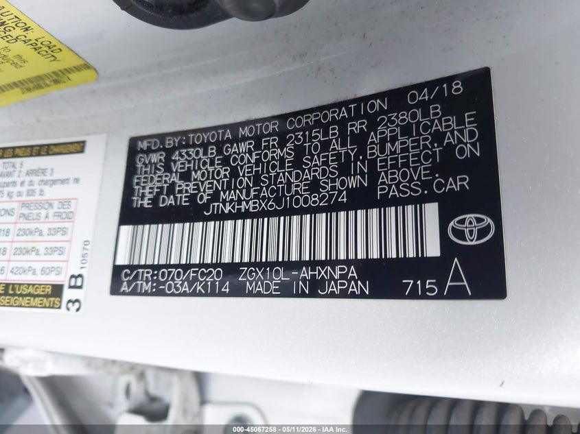 2018 Toyota C-hr VIN JTNKHMBX6J1008274 IAAI salvage auction — RIGHT SIDE, Salvage Certificate (California), sold $3,550 on 2026-07-31 (photo 9)