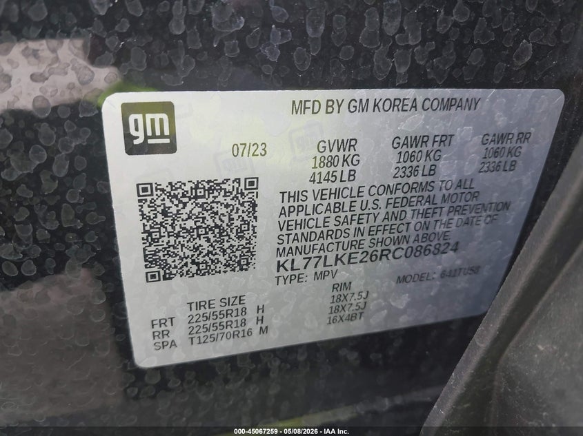 2024 Chevrolet Trax VIN KL77LKE26RC086824 IAAI salvage auction — REAR END, Certificate Of Destruction (Florida), sold $7,200 on 2026-07-10 (photo 9)