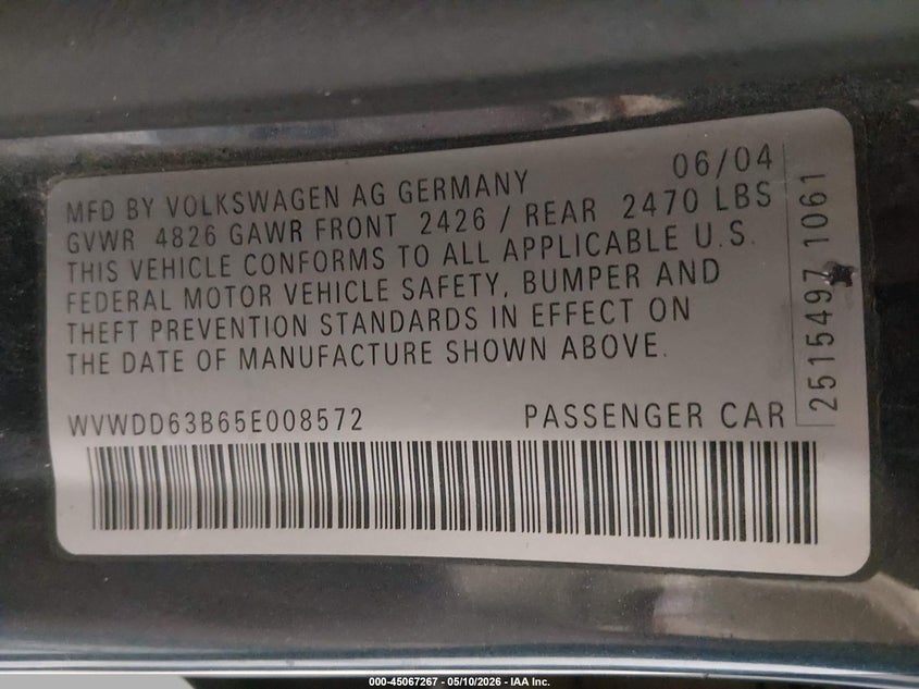 2005 Volkswagen Passat VIN WVWDD63B65E008572 IAAI salvage auction — NORMAL WEAR, Original (Alaska), sold $100 on 2026-07-17 (photo 9)